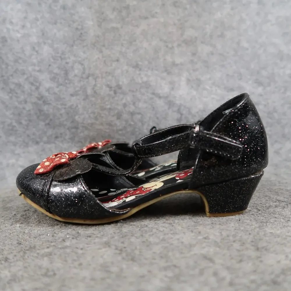 Disney Shoes Kids Toddler 11 Minnie Mouse Heel Pump Black Glitter Red Polka Dot